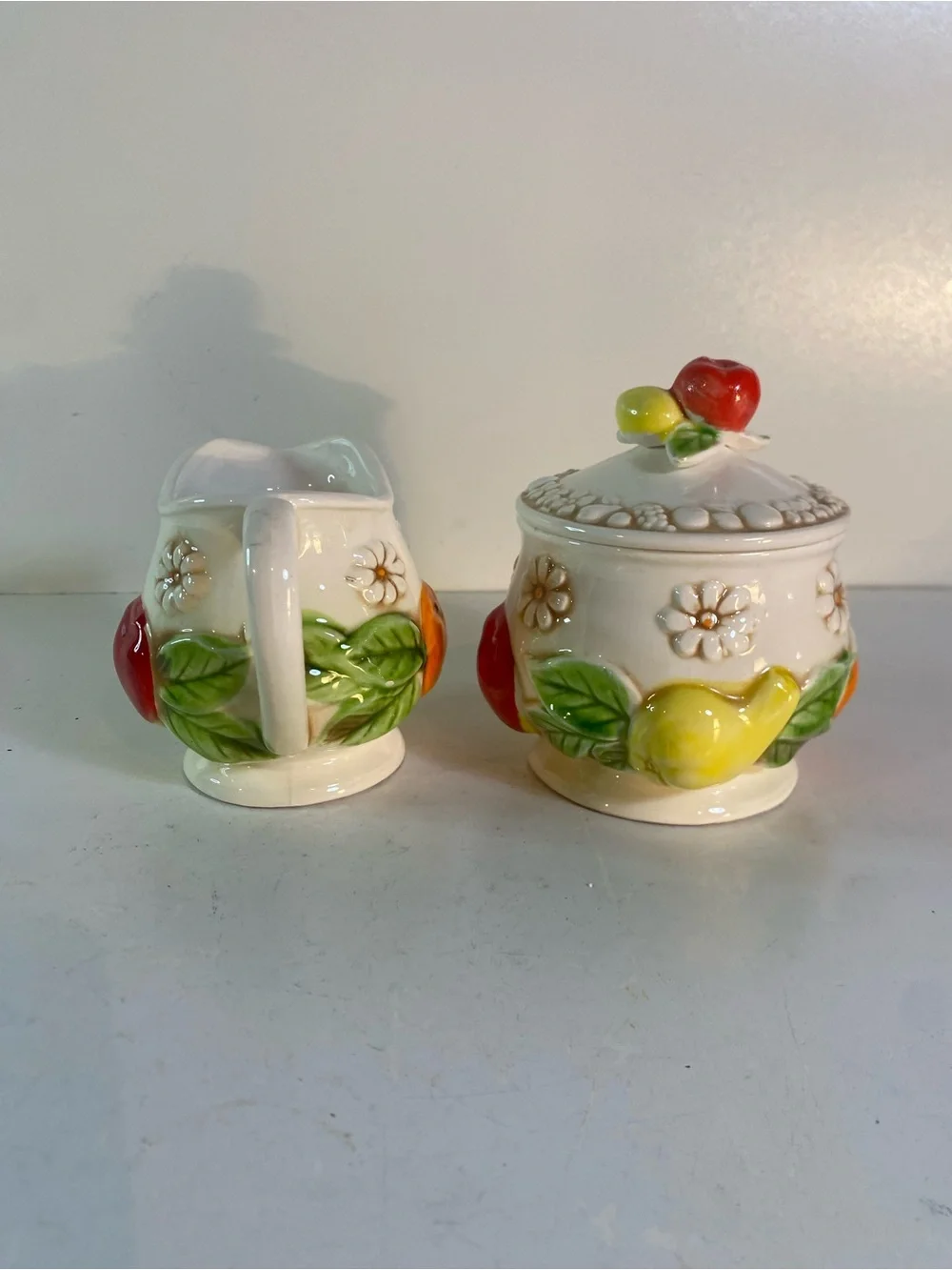 Vintage Fred Roberts Ceramic Fruit & Daisy Creamer Pitcher & Covered Sugar Bowl
